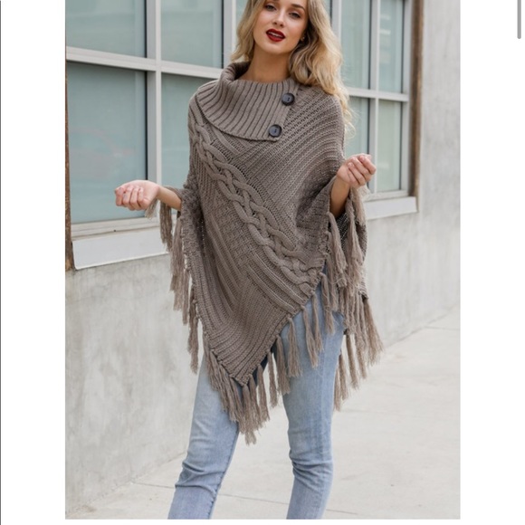 CONLEIGH-High Neck Fringe Sweater Poncho - Picture 6 of 7